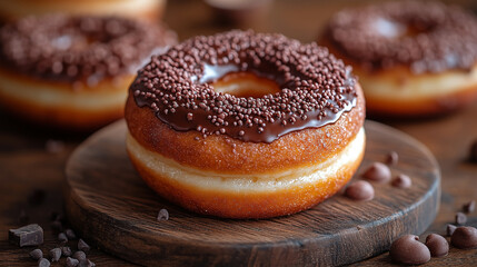 Delicious Chocolate Glazed Donuts with Sprinkles on a Wooden Plate
