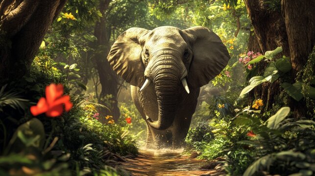 A large elephant walking through a lush jungle
