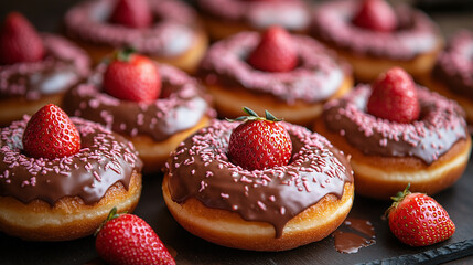 Chocolate Glazed Donuts with Fresh Strawberries and Pink Sprinkles for a Delightful Treat