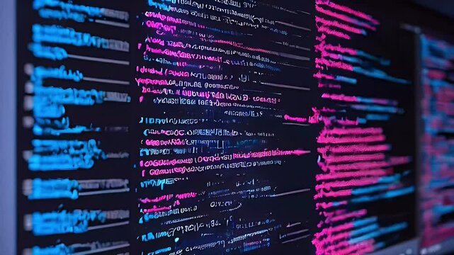 Close up of computer screen with neon blue and pink code.
