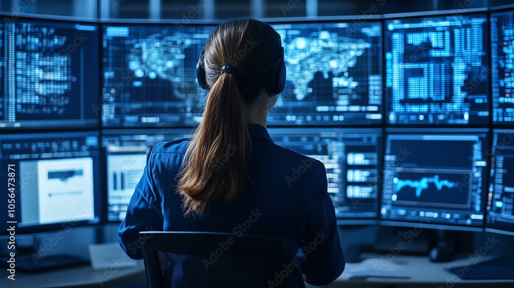 Poster a woman in a blue shirt and headphones sits in front of a wall of computer monitors displaying data 