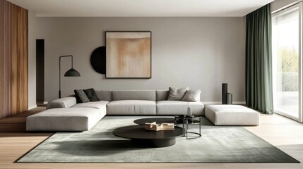 A contemporary living room with light gray walls and a sleek gray couch, accented by sage green curtains and minimalist black metal side tables