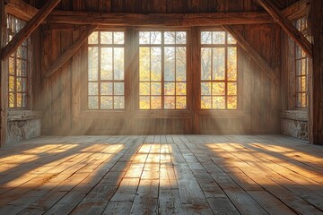 Rustic Wooden Room with Windows and Sunlight Streaming In
