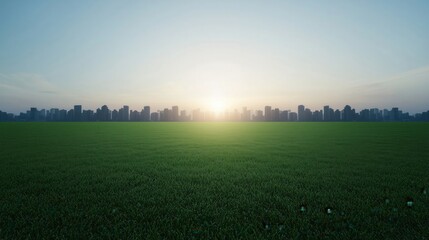 Urban skyline at sunset with vibrant green grass foreground, serene and picturesque view.