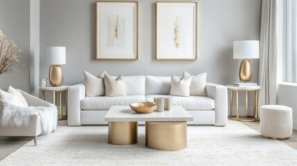 A contemporary living room with soft gray walls, a white leather sofa, and a gold coffee table