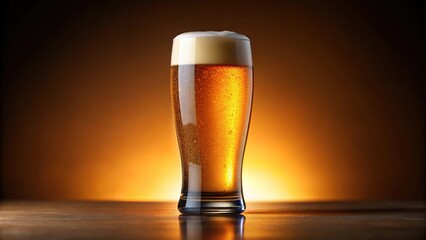 A standard pint glass with a rounded body and a narrow top, filled with a golden amber beer, foam gently bubbling on the surface, glassware, brew, ale