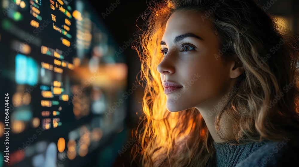 Poster a young woman looks intently at a screen displaying data, her expression focused and thoughtful. she