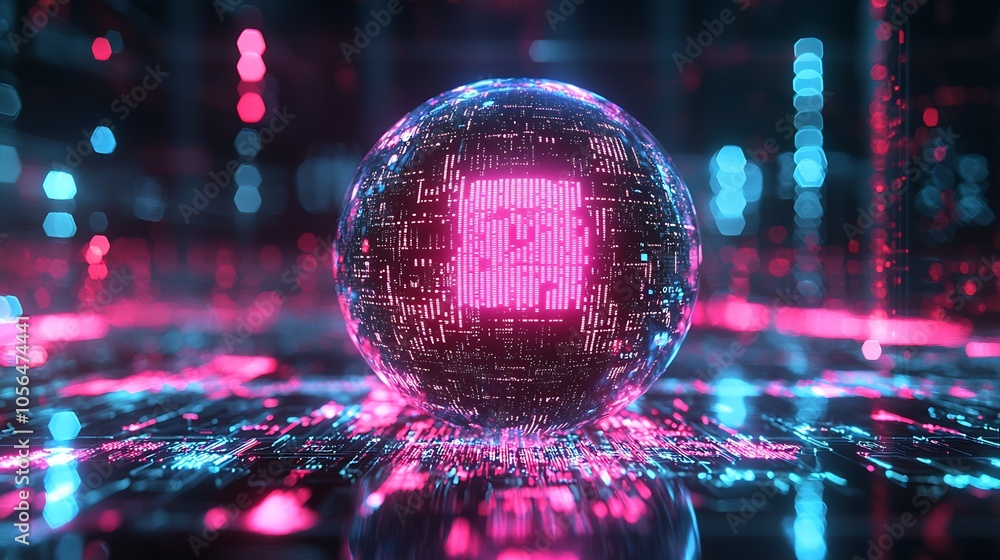 Poster Glowing Digital Sphere with Complex Neon Patterns in Vivid Pink and Blue : Generative AI