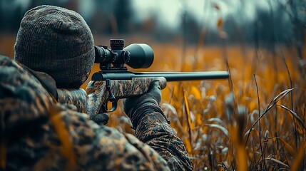 Skilled Marksman in Autumn Landscape Readying for a Precision Shot : Generative AI