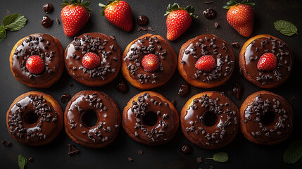 Chocolate Glazed Donuts with Fresh Strawberries and Chocolate Chips on a Dark Rustic Background