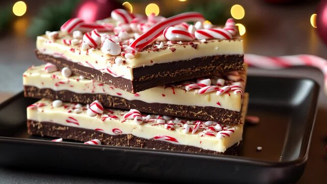 Making peppermint bark with layers of dark and white chocolate, topped with crushed candy canes on a festive tray. . Video