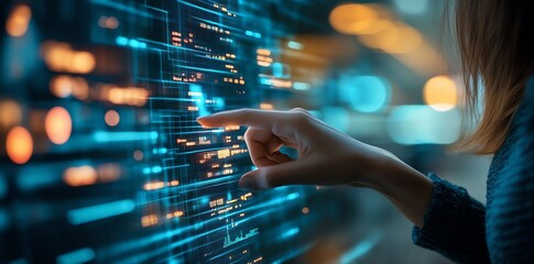 Close-up of a woman's hand interacting with a digital interface, navigating through data and information, highlighting the concept of technology and innovation.
