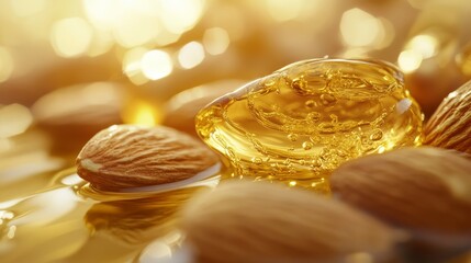 Peeled almonds drenched in golden almond oil, soft light creating a luxurious and natural scene, ideal for skincare and health concepts