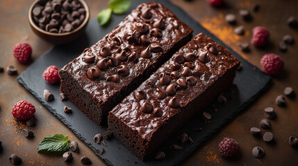 Rich and Fudgy Chocolate Brownies with Chocolate Chips and Fresh Raspberries on a Slate Plate with Mint Leaves
