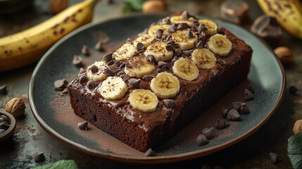 Moist Chocolate Banana Bread Topped with Fresh Banana Slices and Chocolate Chips on a Rustic Plate with Fresh Bananas in the Background