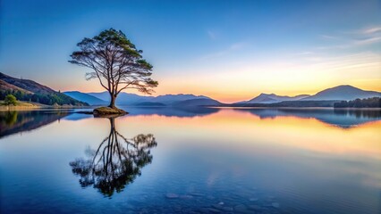A tranquil mountain lake at dusk with a lone tree standing on its shore and reflected in the water's surface, outdoor scenery, sunset view, tree reflection, mountain lake