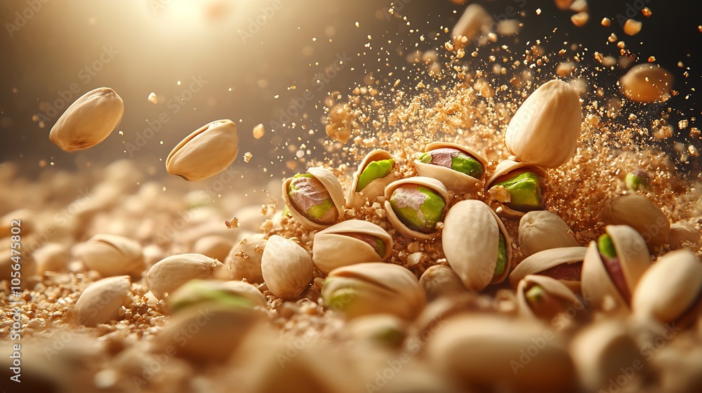 Poster creative display of flying pistachios amidst ground nuts : generative ai