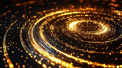 Naklejka premium Shimmering gold light radiating in abstract concentric rings, top view, forming a surreal, glowing landscape of light and dark contrasts
