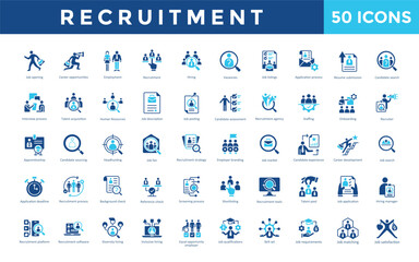 Recruitment icon set with job opening, career opportunities, employment, recruitment, hiring, vacancies, job listings, application process, resume submission, candidate icon. Simple flat vector 
