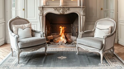 Fototapeta premium Rustic Meets Modern: Two Chairs and Sofa Arrangement by the Fireplace in French Country Style