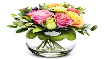 Obraz premium A vibrant bouquet of mixed roses in a clear glass vase, perfect for decoration or gifting.