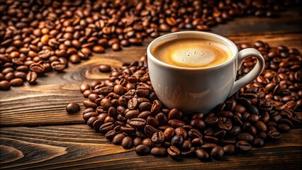 Naklejka premium A warm cup of coffee with a thick layer of crema on top and a few coffee beans scattered around the rim, breakfast, brew, liquid, morning, decor