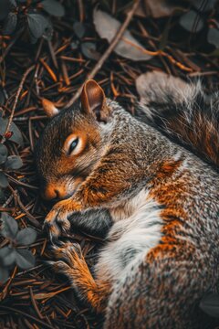 A detailed close-up photograph of a squirrel peacefully sleeping among forest foliage, showcasing warm autumn colors and natural textures.