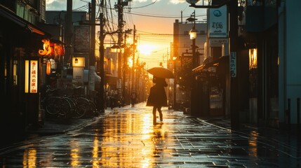 Woman walking down a street in Japan during golden hour with umbrella in hand.