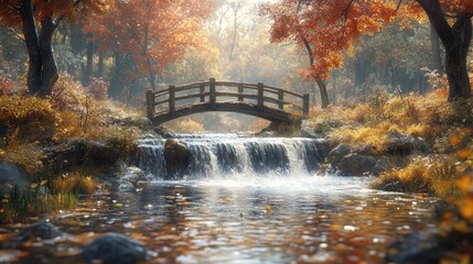 Fototapeta premium Scenic autumn landscape with a bridge over a serene stream.