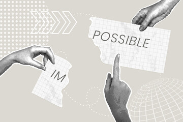 Fashionable halftone collage. The concept of achieving success, overcoming difficulties, turning the word impossible into possible, believing in yourself, your capabilities. Illustration for web