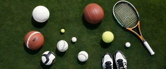 Sports equipment, artificial grass, background image, aerial view design of various sports equipment
