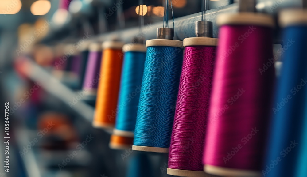 Poster row of vibrant thread spools in textile manufacturing setup : generative ai