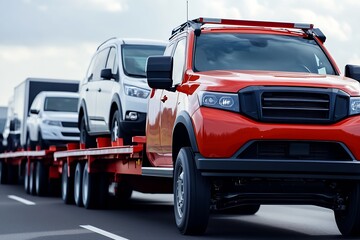 Red SUV on Flatbed Trailer Transporting Vehicles Along Highway : Generative AI