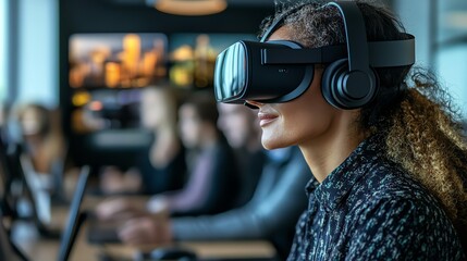 A young woman wearing a VR headset and headphones in an office setting.