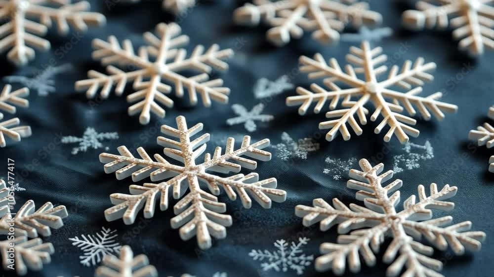 Poster sharp, angular snowflakes arranged in a repeating pattern on a festive tablecloth, creating a clean,