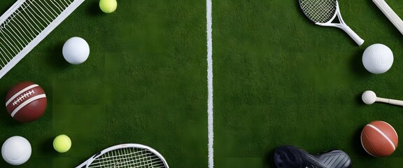 Sports equipment, artificial grass, background image, aerial view design of various sports equipment