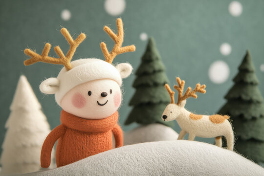 Paisagem natalina em miniatura com Papai Noel, renas e pinheiros cobertos de neve, estilo l&uacute;dico e colorido, criado por IA generativa.