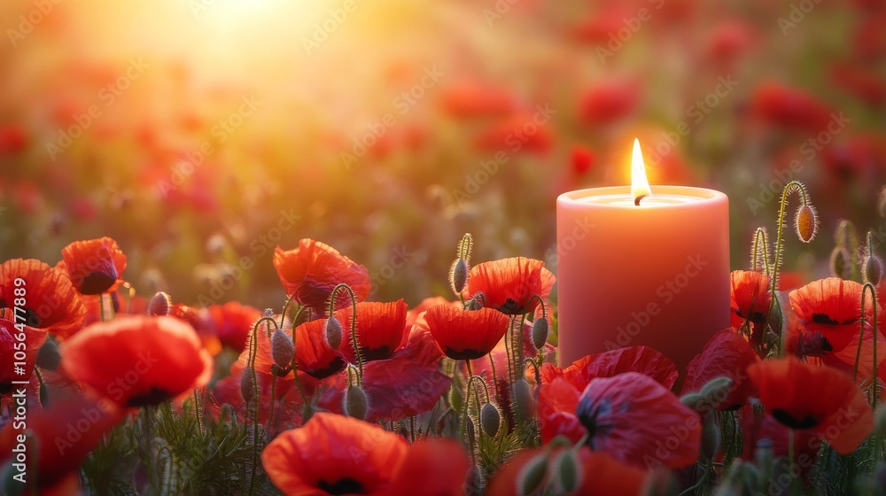 Poster realistic image of a remembrance candle surrounded by a field of red poppies, blending honor with me