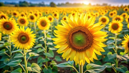 Obraz premium Bright yellow sunflower field in full bloom with tall stems and vibrant petals, trees, green grass, warm weather, fields, outdoors