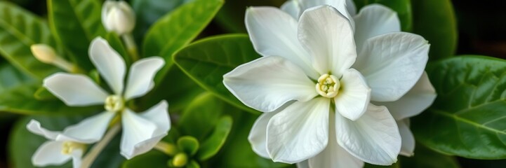 Fototapeta premium Close-up of a beautiful white Stephanotis floribunda flower plant in full bloom, with small, delicate petals and green leaves, petals, green, white