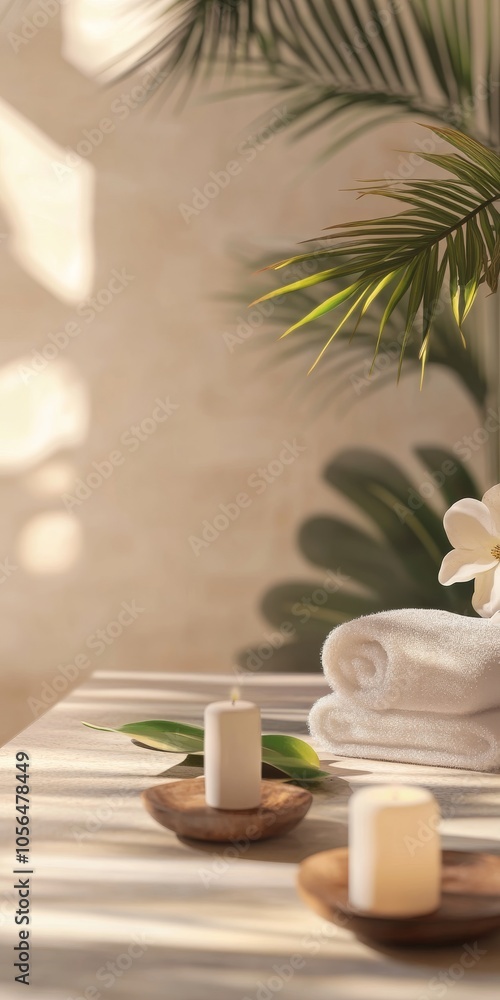 Poster a table with candles and a white towel. the candles are lit and the towel is folded neatly. scene is
