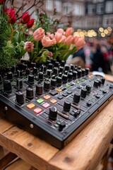 Close-up of a Black Audio Mixer with Knobs and Buttons on a Wooden Table with Blurred Tulips in the Background