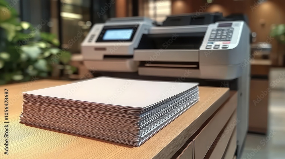 Poster office setting with a printer and a stack of blank paper.