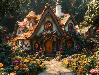 Obraz premium A charming cottage nestled in a lush garden with colorful flowers and a stone pathway leading to the front door.
