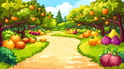 A vibrant fruit orchard path lined with various fruits and lush greenery.