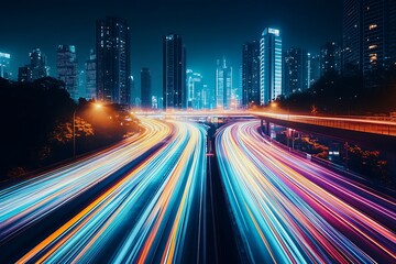 Fototapeta premium Dynamic Neon Light Trails Through Modern City’s Night Skyline : Generative AI