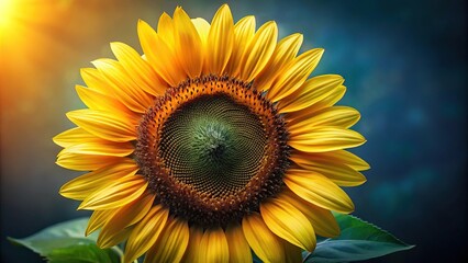 Obraz premium Close-up of a single sunflower head with dark center and bright yellow petals, macro, petals, flower head, flower close up, yellow flowers