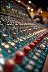 Fototapeta premium Close-up of an Audio Mixing Console with Red Knobs