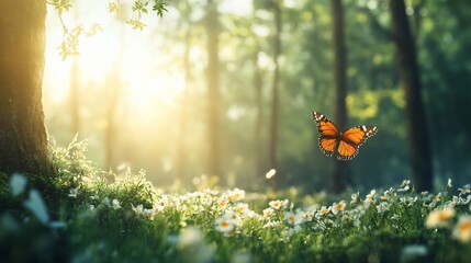 A butterfly in flight over a field of daisies in a sunlit forest.