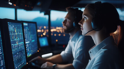 Two individuals in a control room monitoring data on multiple screens at night.